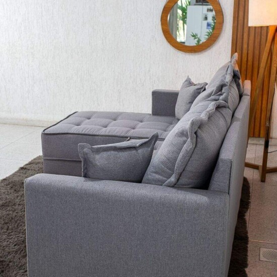 Sof� 3 Lugares Mil�o Chaise Lado Direito Linho Cinza 1008 Molas Ensacadas - 2,30m