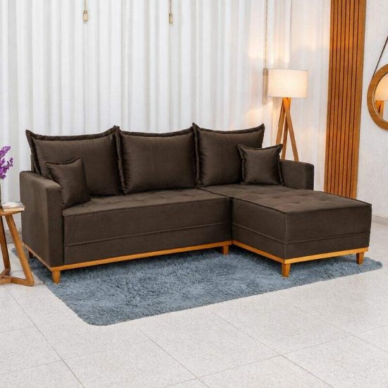 Sof� 3 Lugares Mil�o Chaise Lado Esquerdo Veludo Marrom 815 Molas Ensacadas - 2,30m