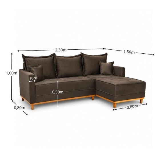 Sof� 3 Lugares Mil�o Chaise Lado Esquerdo Veludo Marrom 815 Molas Ensacadas - 2,30m