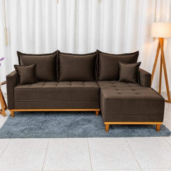 Sof� 3 Lugares Mil�o Chaise Lado Esquerdo Veludo Marrom 815 Molas Ensacadas - 2,30m