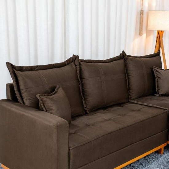 Sof� 3 Lugares Mil�o Chaise Lado Esquerdo Veludo Marrom 815 Molas Ensacadas - 2,30m
