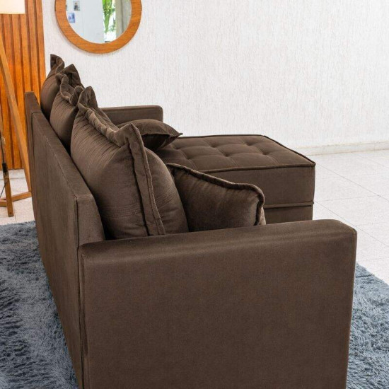 Sof� 3 Lugares Mil�o Chaise Lado Esquerdo Veludo Marrom 815 Molas Ensacadas - 2,30m