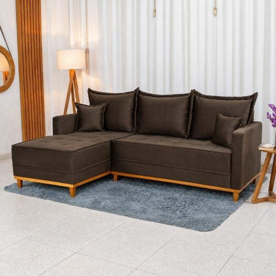 Sof� 3 Lugares Mil�o Chaise Lado Direito Veludo Marrom 815 Molas Ensacadas - 2,30m
