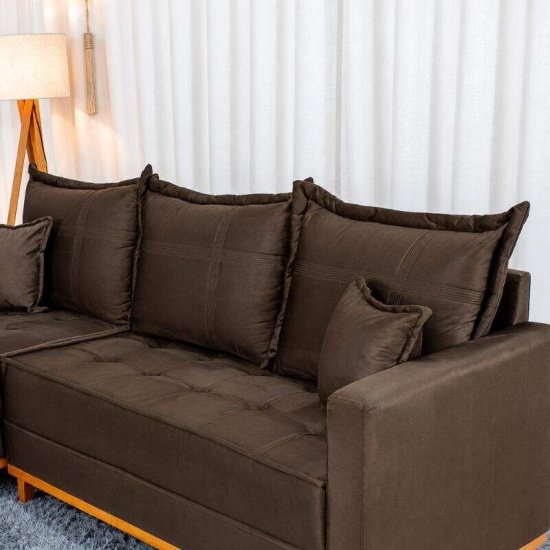 Sof� 3 Lugares Mil�o Chaise Lado Direito Veludo Marrom 815 Molas Ensacadas - 2,30m