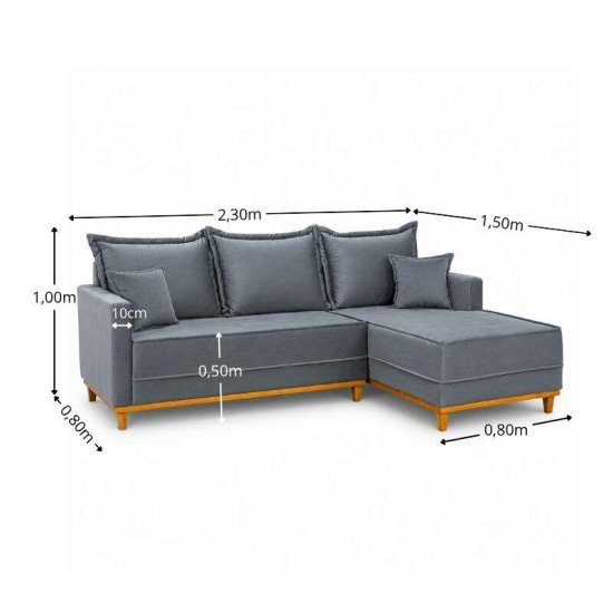 Sof� 3 Lugares Mil�o Chaise Lado Esquerdo Veludo Cinza 814 Molas Ensacadas - 2,30m