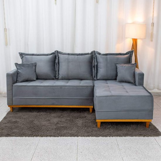 Sof� 3 Lugares Mil�o Chaise Lado Esquerdo Veludo Cinza 814 Molas Ensacadas - 2,30m
