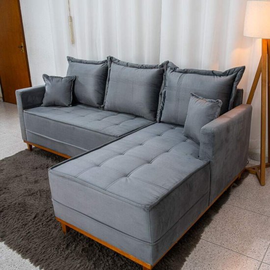 Sof� 3 Lugares Mil�o Chaise Lado Esquerdo Veludo Cinza 814 Molas Ensacadas - 2,30m
