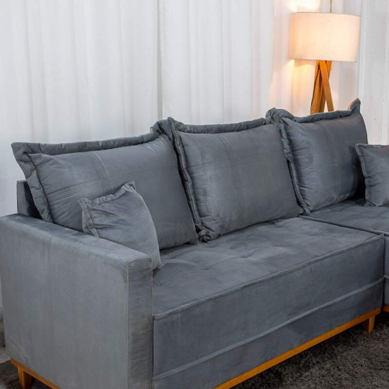 Sof� 3 Lugares Mil�o Chaise Lado Esquerdo Veludo Cinza 814 Molas Ensacadas - 2,30m
