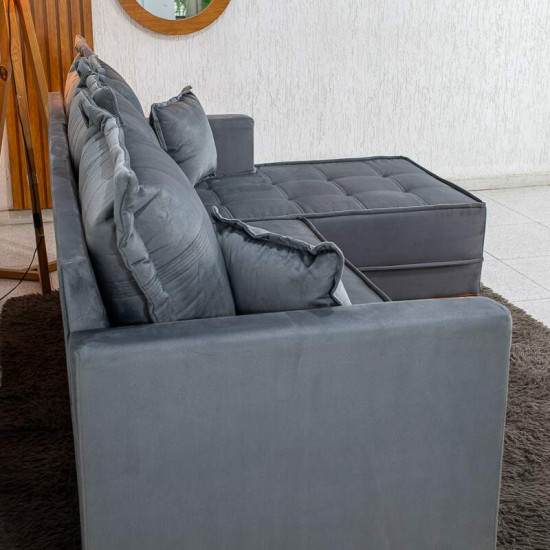 Sof� 3 Lugares Mil�o Chaise Lado Esquerdo Veludo Cinza 814 Molas Ensacadas - 2,30m
