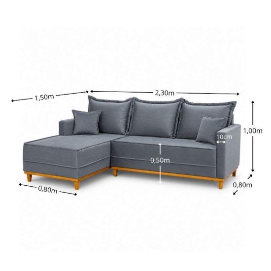 Sof� 3 Lugares Mil�o Chaise Lado Direito Veludo Cinza 814 Molas Ensacadas - 2,30m
