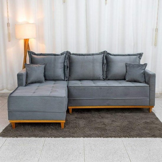 Sof� 3 Lugares Mil�o Chaise Lado Direito Veludo Cinza 814 Molas Ensacadas - 2,30m