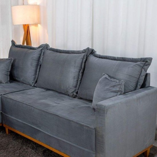 Sof� 3 Lugares Mil�o Chaise Lado Direito Veludo Cinza 814 Molas Ensacadas - 2,30m