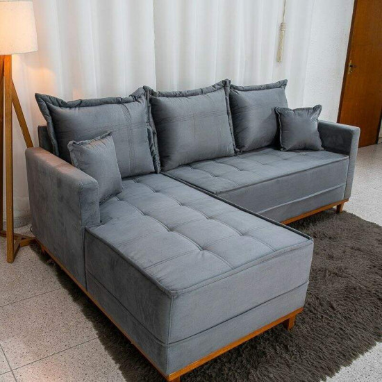Sof� 3 Lugares Mil�o Chaise Lado Direito Veludo Cinza 814 Molas Ensacadas - 2,30m