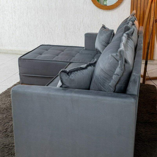 Sof� 3 Lugares Mil�o Chaise Lado Direito Veludo Cinza 814 Molas Ensacadas - 2,30m