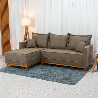Sof� 3 Lugares Mil�o Chaise Lado Direito Linho Marrom 1007 Molas Ensacadas - 2,30m