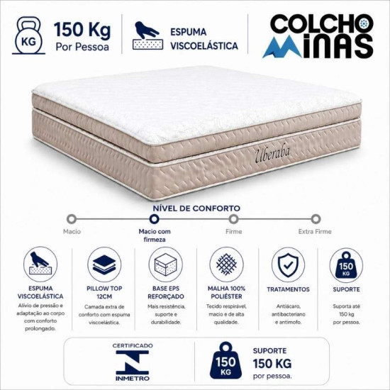 Colch�o Queen Espuma Viscoel�stica Uberaba ColchoMinas + Base Box Ba� Queen Confort Linh�o Palha Blindado Issacar - 158x198x75