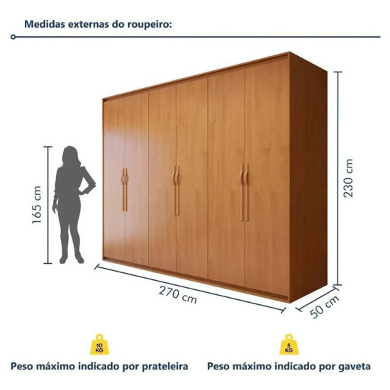 Guarda-roupa Casal 2,71m Suavit� Am�ndoa Clean 6 Portas 6 gavetas + C�moda 0,89m Suavit� Am�ndoa Clean 4 Gavetas - Lopas