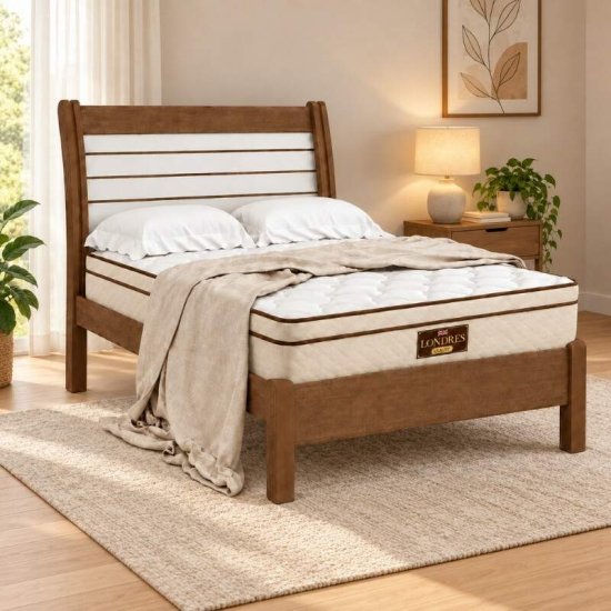 Cama Casal Esmeralda Plus Castanho/Off D Doro + Colch�o Casal Molas Ensacadas Londres Gazin 138x188x32 cm | Suporta at� 240kg