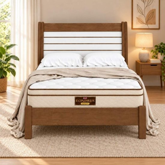 Cama Casal Esmeralda Plus Castanho/Off D Doro + Colch�o Casal Molas Ensacadas Londres Gazin 138x188x32 cm | Suporta at� 240kg