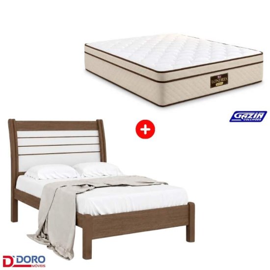 Cama Casal Esmeralda Plus Castanho/Off D Doro + Colch�o Casal Molas Ensacadas Londres Gazin 138x188x32 cm | Suporta at� 240kg