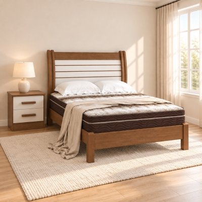 Cama Casal Esmeralda Plus Castanho/Off - D Doro + Mesa de Cabeceira New Athos Castanho/Off com 2 Gavetas - D Doro + Colch�o Casal Ortop�dico Light Ortobom 138x188x25 cm | Suporta at� 260kg