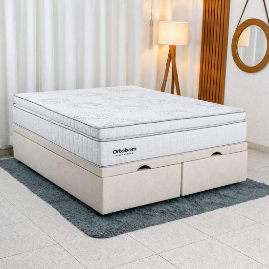 Colch�o Queen Molas Ensacadas New Freedom Ortobom + Base Box Ba� Queen Confort Linh�o Palha Blindado Issacar - 158x198x77