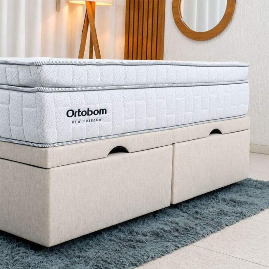 Colch�o Queen Molas Ensacadas New Freedom Ortobom + Base Box Ba� Queen Confort Linh�o Palha Blindado Issacar - 158x198x77