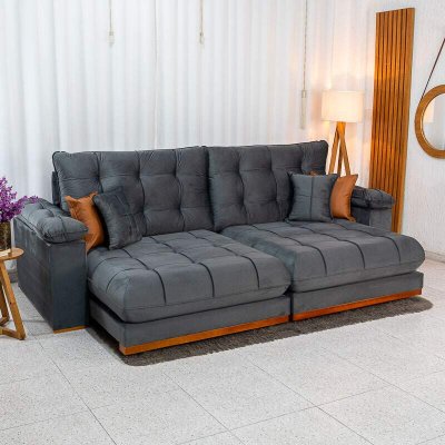 Sof� Retr�til Reclin�vel Verona 2,90m Veludo Cinza 20 - Molas Ensacadas