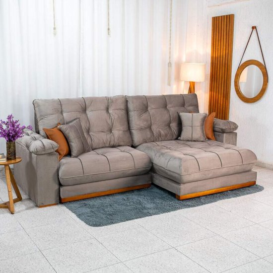 Sof� Retr�til Reclin�vel Verona 2,90m Veludo Capuccino 02 - Molas Ensacadas