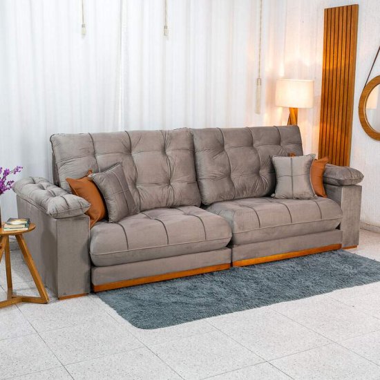 Sof� Retr�til Reclin�vel Verona 2,90m Veludo Capuccino 02 - Molas Ensacadas