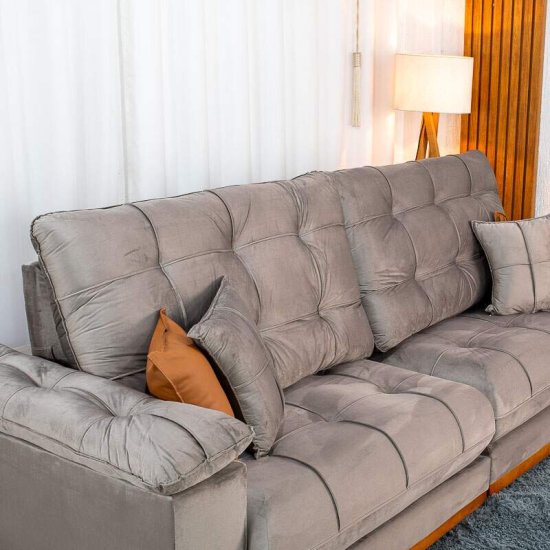 Sof� Retr�til Reclin�vel Verona 2,90m Veludo Capuccino 02 - Molas Ensacadas