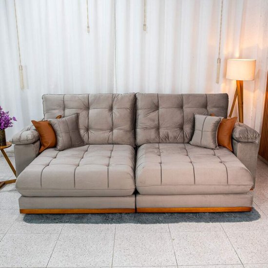 Sof� Retr�til Reclin�vel Verona 2,90m Veludo Capuccino 02 - Molas Ensacadas