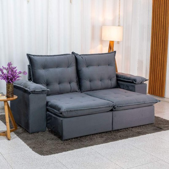 Sof� Retr�til Reclin�vel Lexus 2,10m Veludo Chumbo K038 - Molas Ensacadas