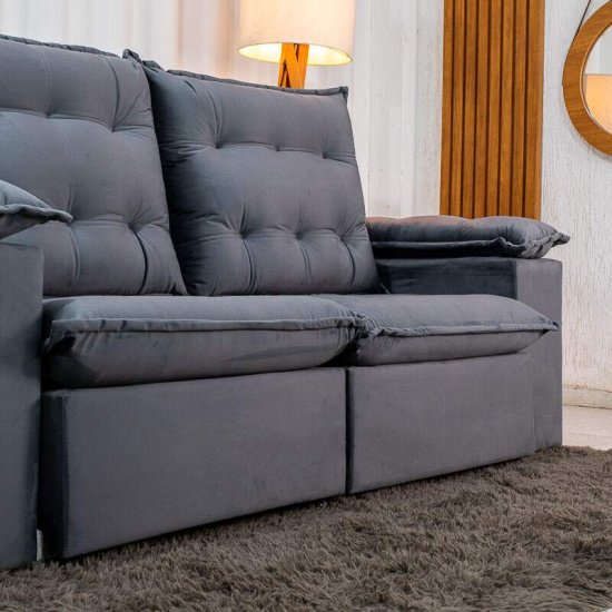 Sof� Retr�til Reclin�vel Lexus 2,10m Veludo Chumbo K038 - Molas Ensacadas