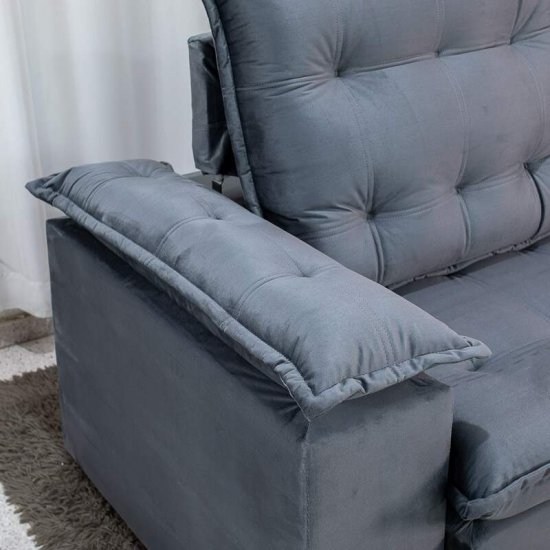Sof� Retr�til Reclin�vel Lexus 2,10m Veludo Chumbo K038 - Molas Ensacadas
