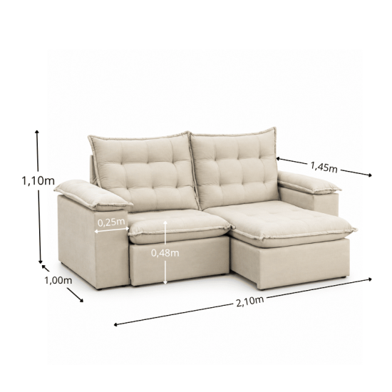 Sof� Retr�til Reclin�vel Lexus 2,10m Veludo Bege K045 - Molas Ensacadas