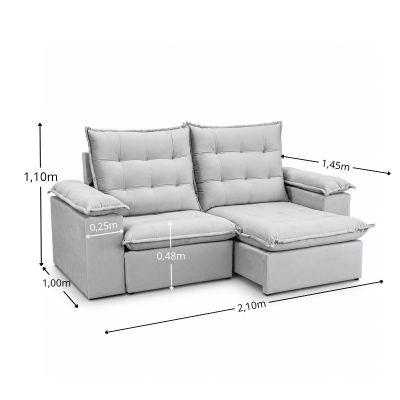 Sof� Retr�til Reclin�vel Lexus 2,10m Veludo Cinza K043 - Molas Ensacadas