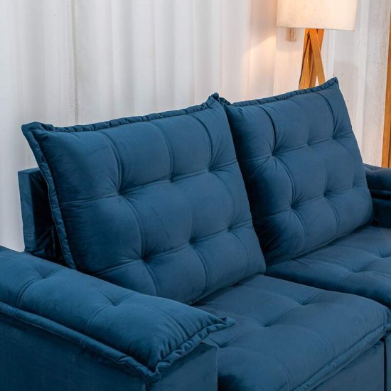 Sof� Retr�til Reclin�vel Lexus 2,10m Veludo Azul K032 - Molas Ensacadas