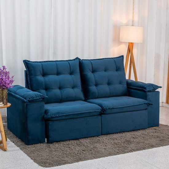 Sof� Retr�til Reclin�vel Lexus 2,10m Veludo Azul K032 - Molas Ensacadas