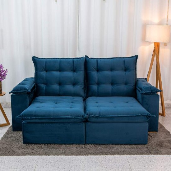 Sof� Retr�til Reclin�vel Lexus 2,10m Veludo Azul K032 - Molas Ensacadas