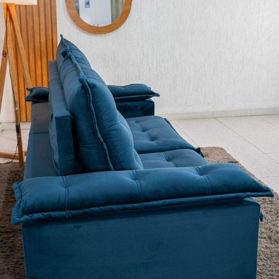 Sof� Retr�til Reclin�vel Lexus 2,10m Veludo Azul K032 - Molas Ensacadas