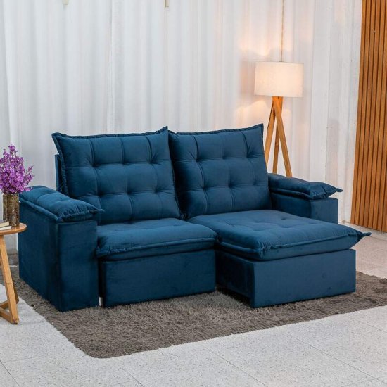 Sof� Retr�til Reclin�vel Lexus 2,10m Veludo Azul K032 - Molas Ensacadas