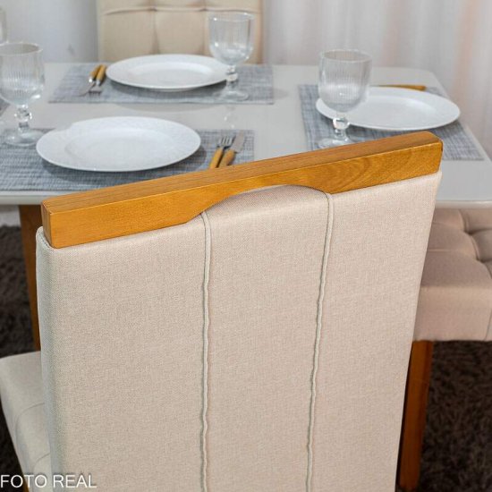 Mesa de Jantar Moscou 120x80 Vidro Off Base Cinamomo Minas Plac + 4 Cadeiras Sophia Linho Bege 200 Estrutura Madeira WM Decor - Entregue Montada