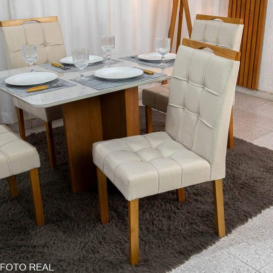 Mesa de Jantar Moscou 120x80 Vidro Off Base Cinamomo Minas Plac + 4 Cadeiras Sophia Linho Bege 200 Estrutura Madeira WM Decor - Entregue Montada