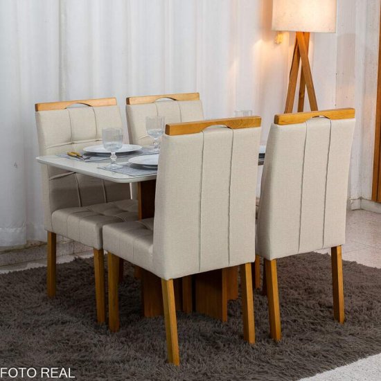 Mesa de Jantar Moscou 120x80 Vidro Off Base Cinamomo Minas Plac + 4 Cadeiras Sophia Linho Bege 200 Estrutura Madeira WM Decor - Entregue Montada