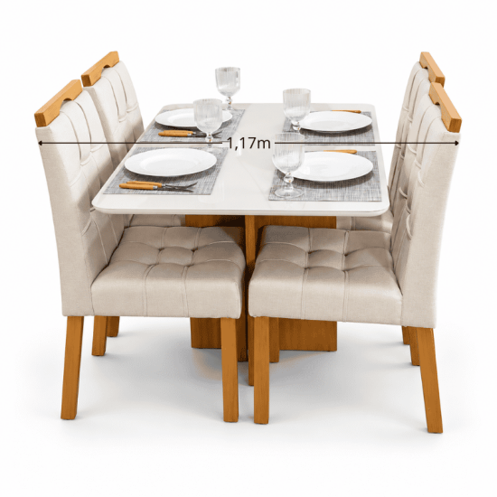 Mesa de Jantar Moscou 120x80 Vidro Off Base Cinamomo Minas Plac + 4 Cadeiras Sophia Linho Bege 200 Estrutura Madeira WM Decor - Entregue Montada