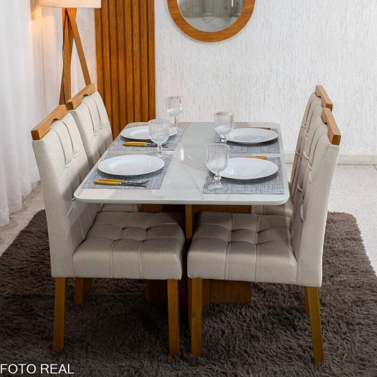 Mesa de Jantar Moscou 120x80 Vidro Off Base Cinamomo Minas Plac + 4 Cadeiras Sophia Linho Bege 200 Estrutura Madeira WM Decor - Entregue Montada