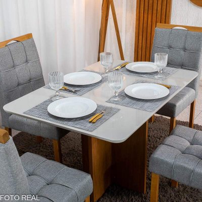 Mesa de Jantar Moscou 120x80 Vidro Off Base Cinamomo Minas Plac + 4 Cadeiras Sophia Linho Cinza 206 Estrutura Madeira WM Decor - Entregue Montada