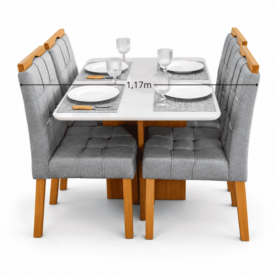 Mesa de Jantar Moscou 120x80 Vidro Off Base Cinamomo Minas Plac + 4 Cadeiras Sophia Linho Cinza 206 Estrutura Madeira WM Decor - Entregue Montada