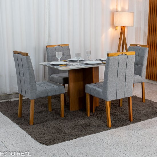 Mesa de Jantar Moscou 120x80 Vidro Off Base Cinamomo Minas Plac + 4 Cadeiras Sophia Linho Cinza 206 Estrutura Madeira WM Decor - Entregue Montada